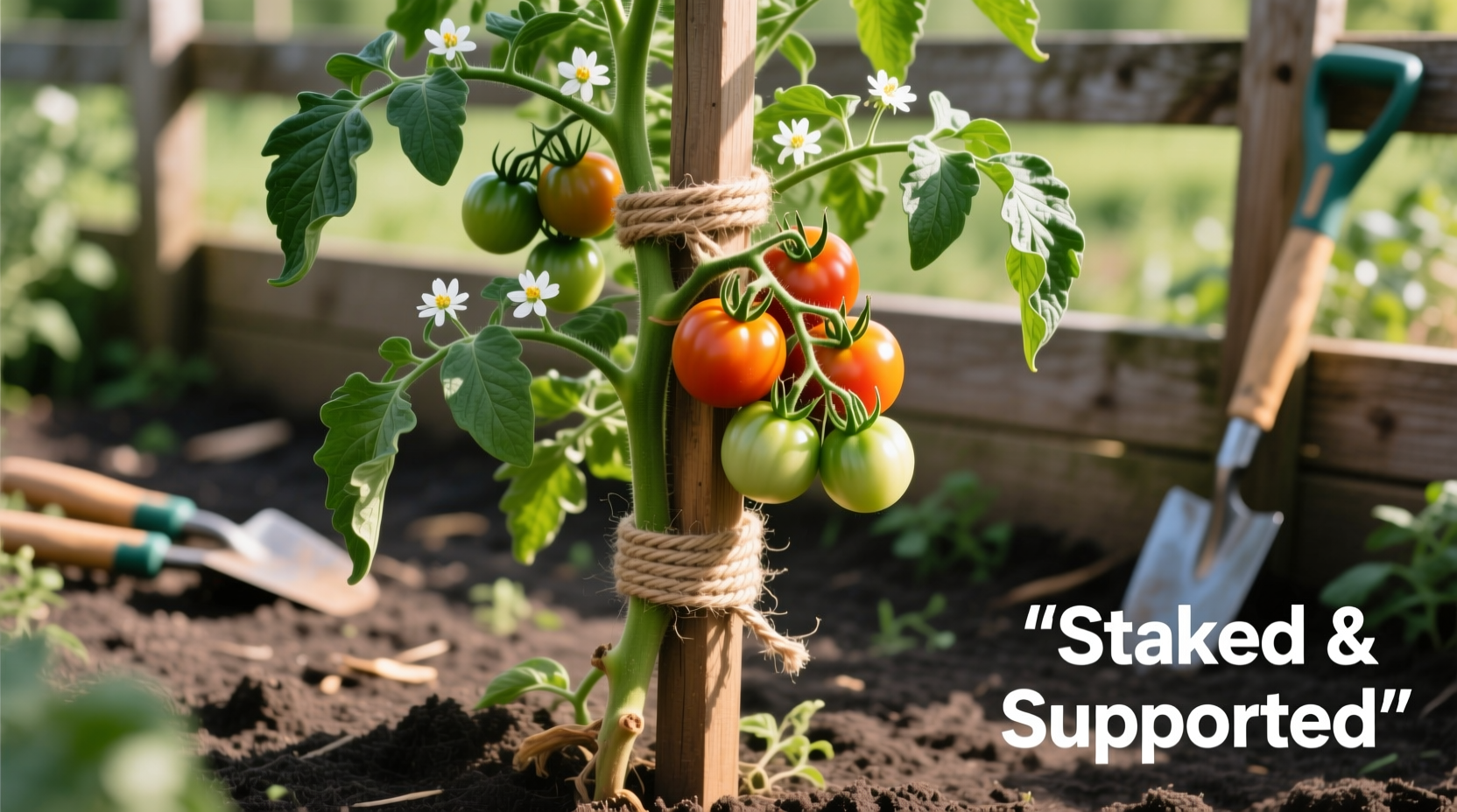 Properly staked tomato plant with twine support