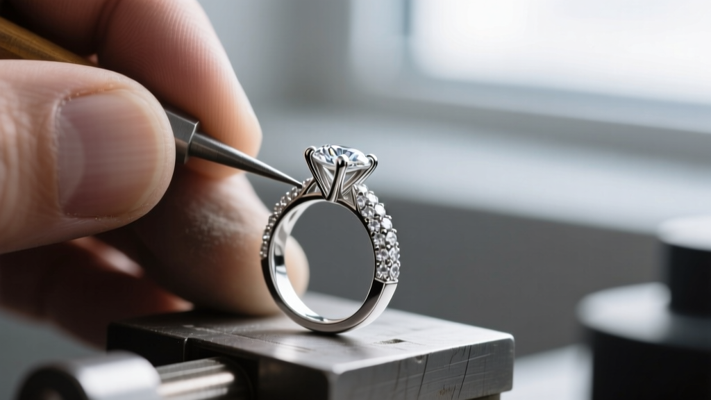 Jeweler polishing a platinum micro-pave setting at a bench, highlighting prong tension, metal grain, and fine structural detail.