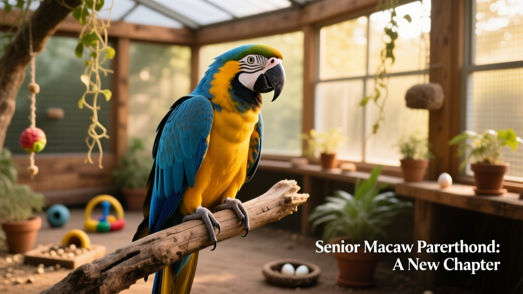 A calm, alert blue-and-gold macaw perched comfortably in a spacious, enriched environment