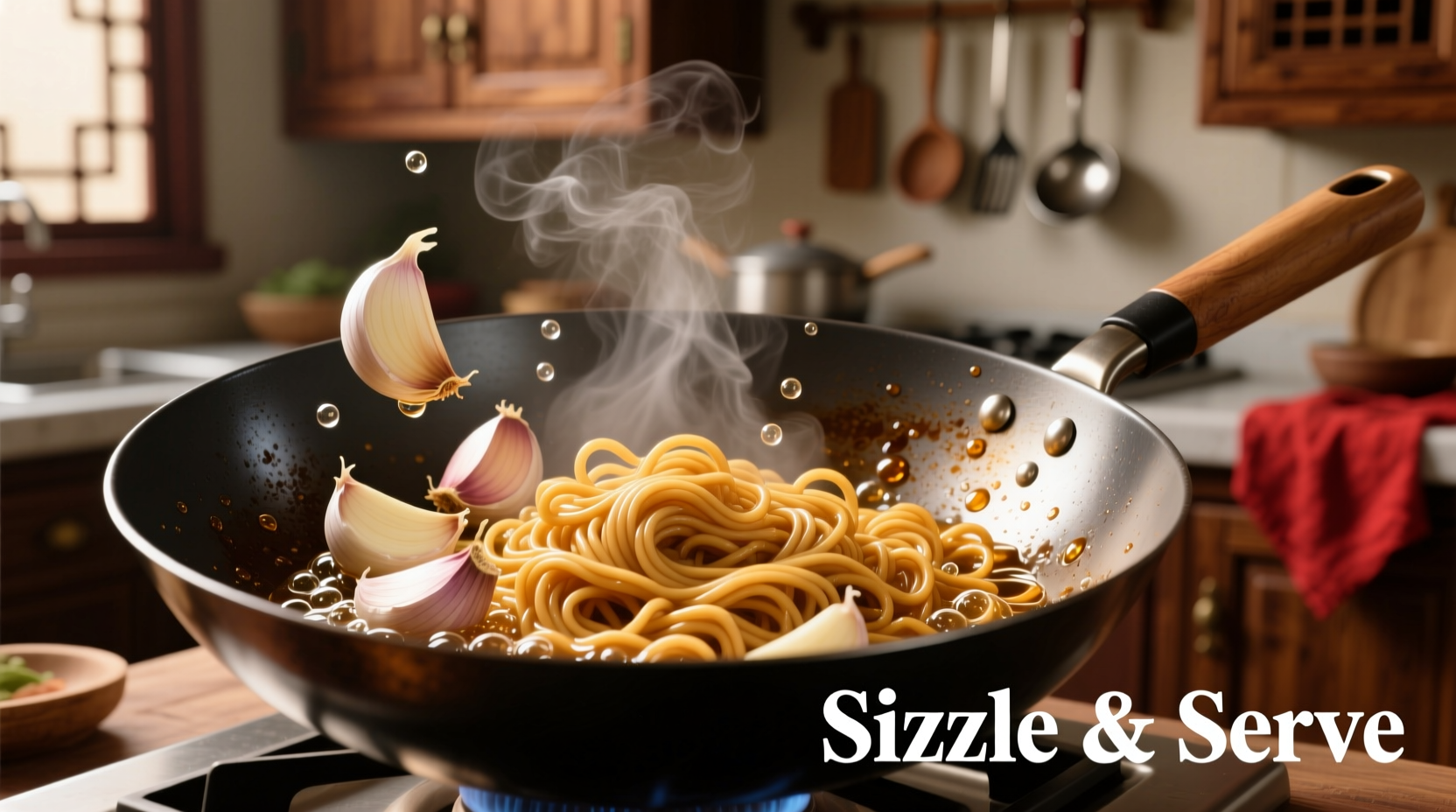Fresh garlic sizzling in wok with Chinese noodles