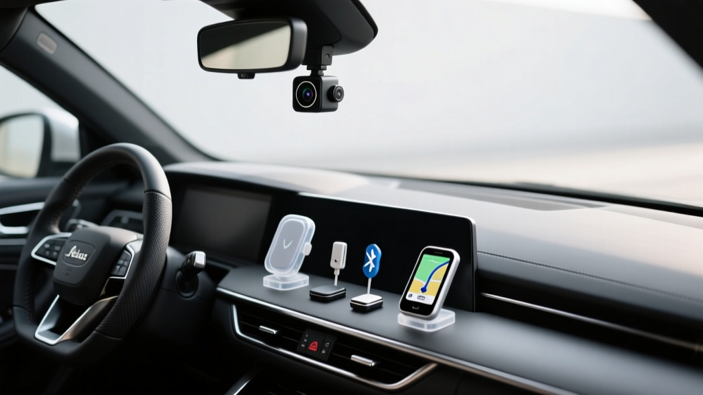 Minimalist dashboard featuring a tiny hidden dash cam and an organized center console with compact automotive gadgets.