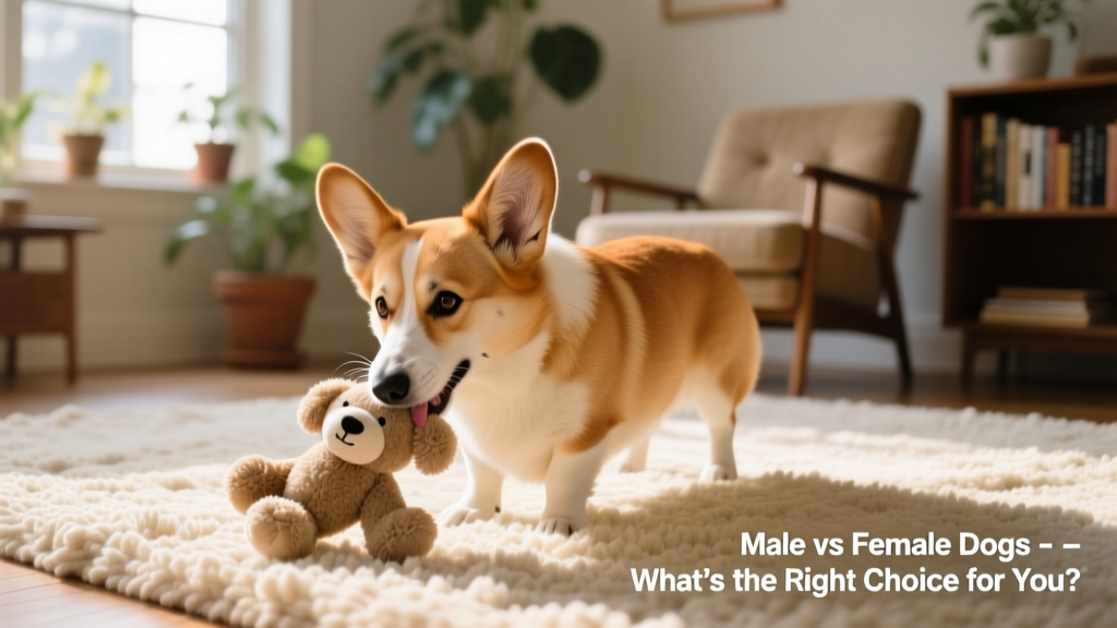 A calm, neutered Corgi gently chewing a soft toy on a cozy rug
