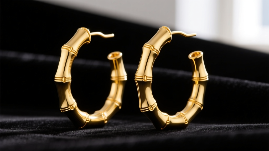 Macro shot of 14k yellow gold bamboo hoop earrings, highlighting ribbed nodes and polished hollow tubing on black velvet.