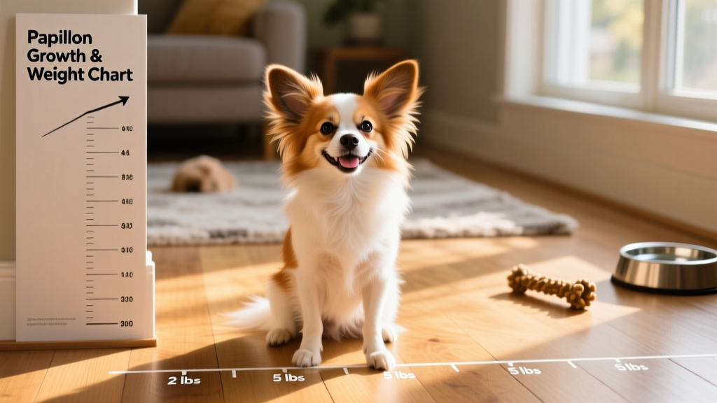 A smiling Papillon sitting confidently on a sunlit wooden floor, showcasing its signature butterfly-like ears and alert expression