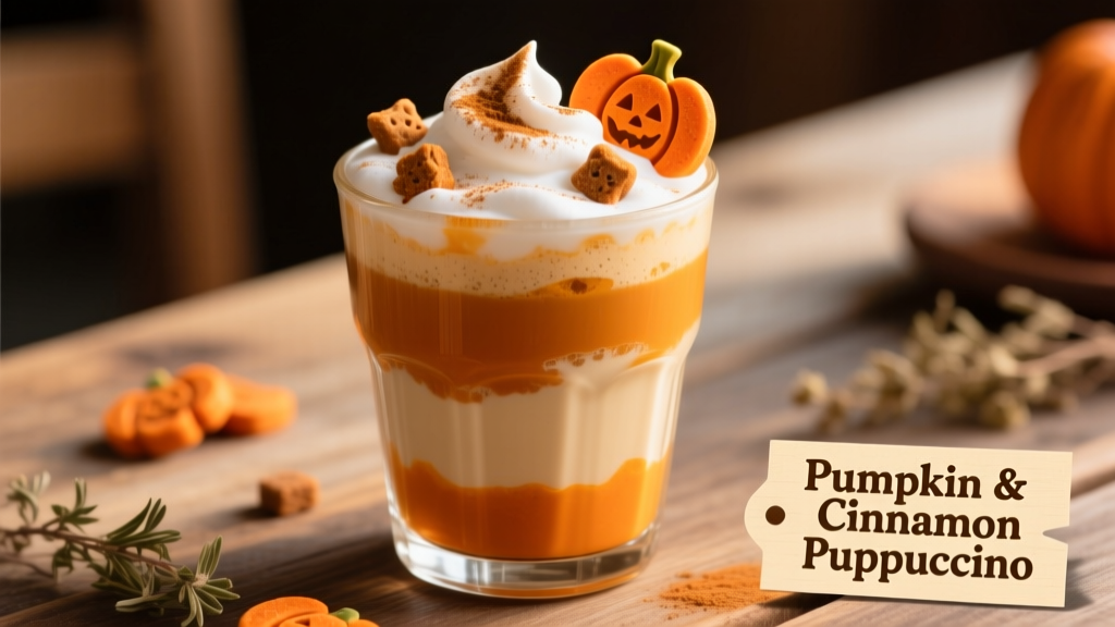 A layered pumpkin Puppuccino in a clear glass: creamy orange base topped with airy oat milk foam and crumbled orange dog treats