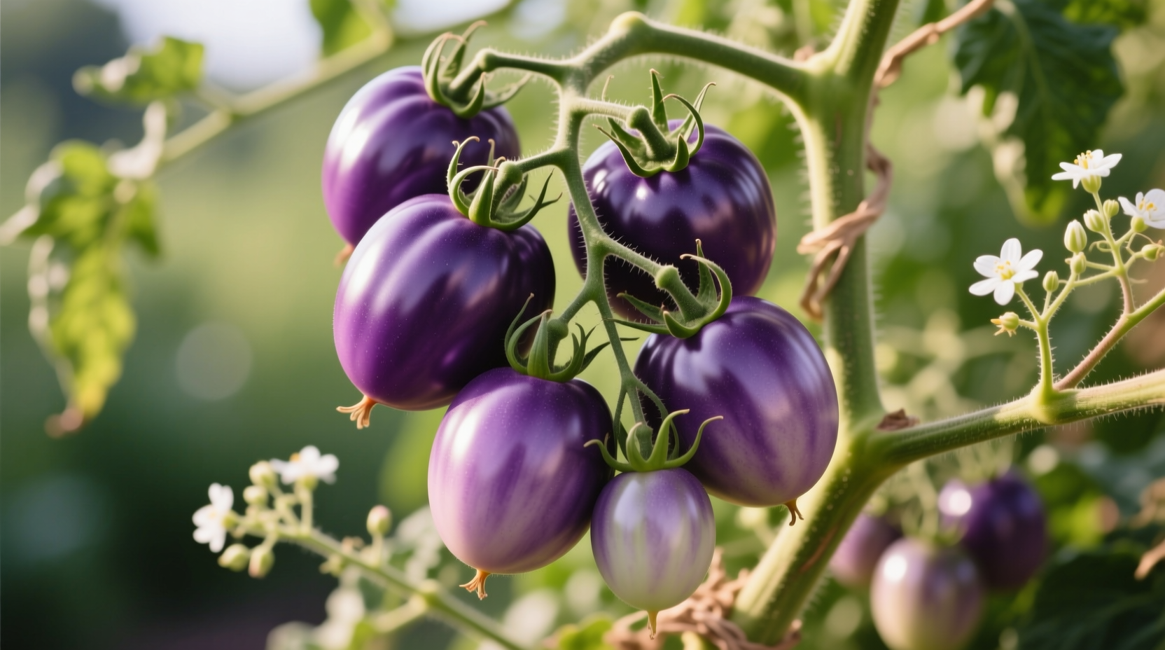 Ripe purple calabash tomatoes on vine with characteristic shape