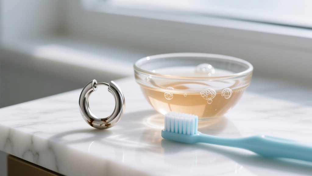 Tarnished sterling silver huggie earring on white marble next to a small glass bowl of warm soapy water and a soft baby toothbrush.