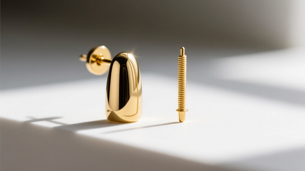 Macro shot comparing a 16-gauge gold earring post to a 20-gauge post, showing wire thickness needed for heavy statement jewelry