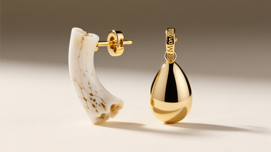 Macro shot of a polished white bone and 18k gold Monies drop earring, highlighting the natural grain and smooth metal clasp detail.