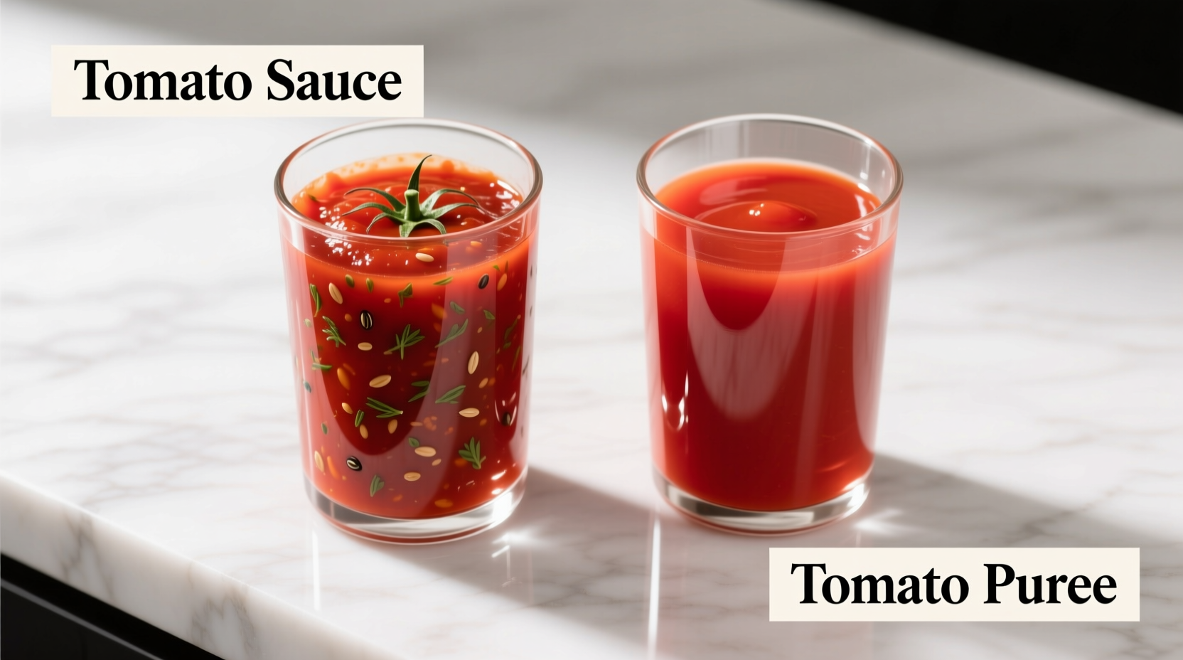 Side-by-side comparison of tomato sauce and puree in clear glasses