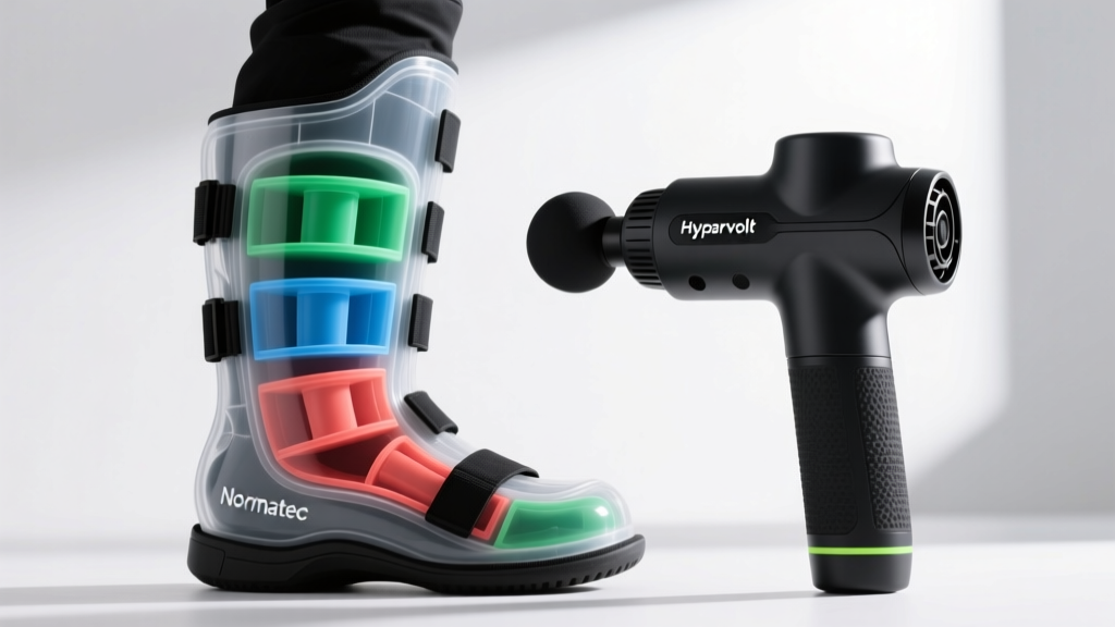 Close-up comparison showing the 5-zone overlapping air chambers inside a detached Normatec boot liner next to a Hypervolt massage gun