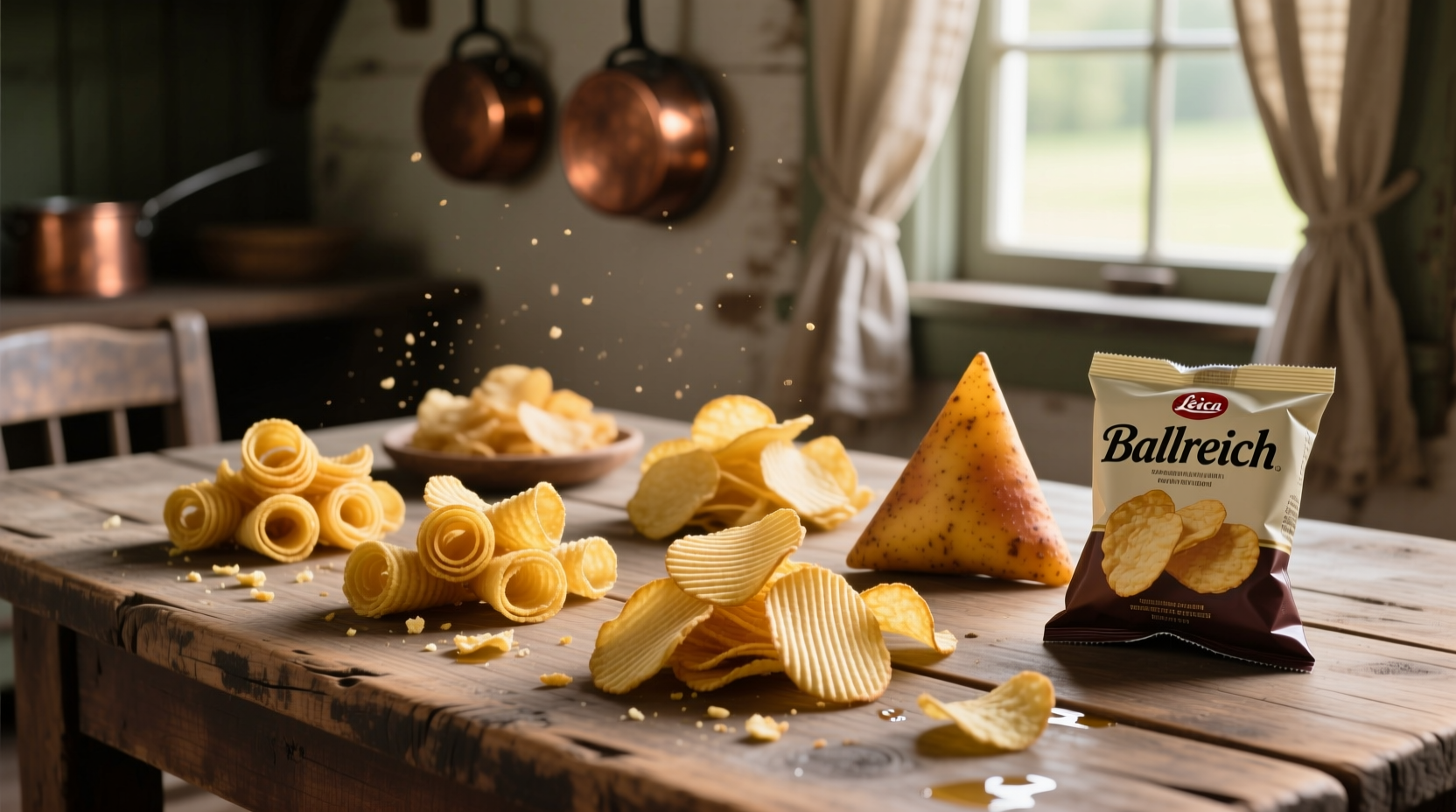 Ballreich potato chips varieties on wooden table