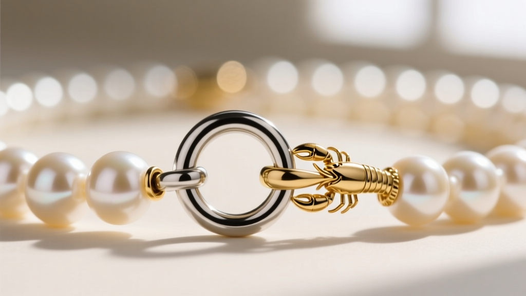 Macro shot of a pearl rosary necklace clasp, showing a perfectly closed 6mm jump ring attached to a small gold lobster clasp.