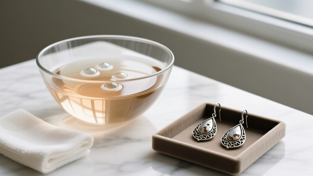 Glass bowl with warm water, mild dish soap, and a soft microfibre cloth resting next to tarnished silver teardrop drop earrings.