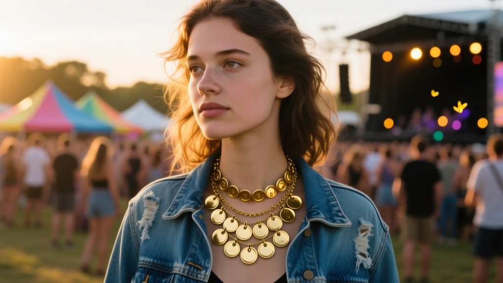 Young woman at an outdoor music festival wearing a layered gold-plated pop tab necklace over a denim jacket in golden hour light.