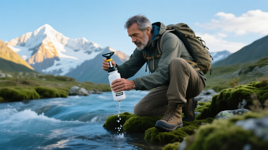 Hiker kneeling by an alpine stream squeezing a LifeStraw Peak water filter into a wide-mouth Nalgene bottle with snow-capped peaks in the background