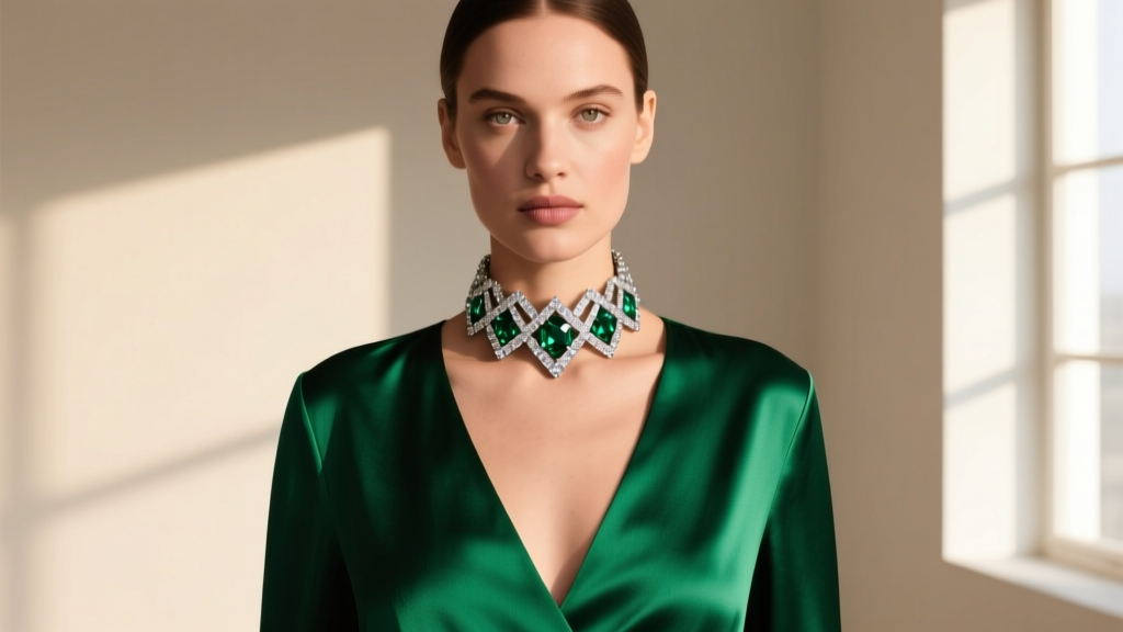 Editorial shot of a model wearing a chunky Carolina Herrera crystal choker necklace paired with a deep V-neck emerald silk blouse.