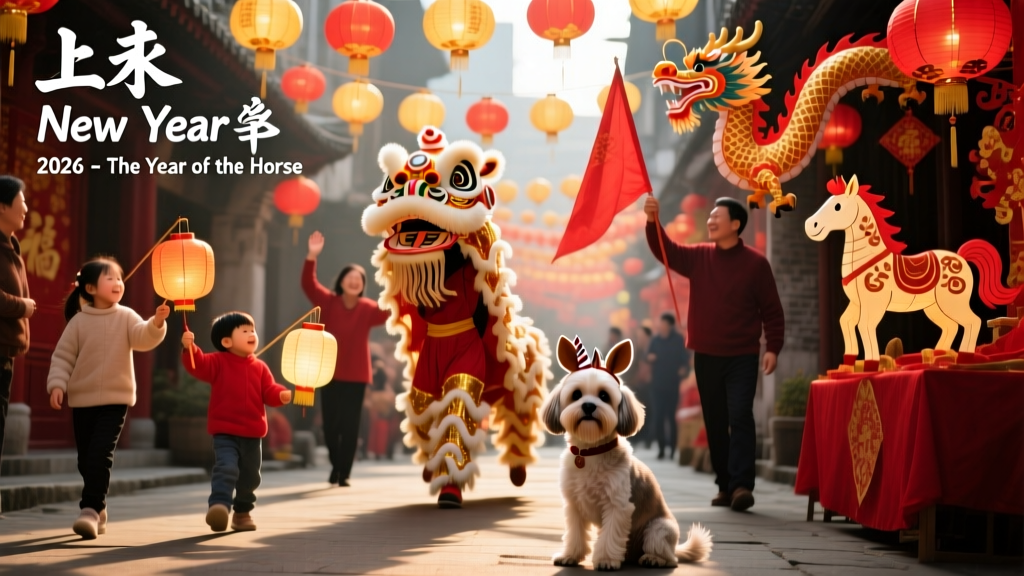 A vibrant red-and-gold Lunar New Year street festival with lanterns, dancers, and families holding horse-themed decorations