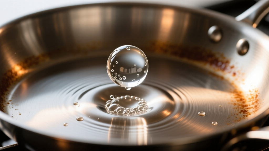 Water droplets forming a cohesive rolling ball on a heated stainless steel skillet surface demonstrating the Leidenfrost effect