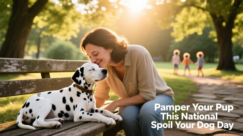 dalmatian puppy being gently kissed by a smiling owner in a sun-dappled park