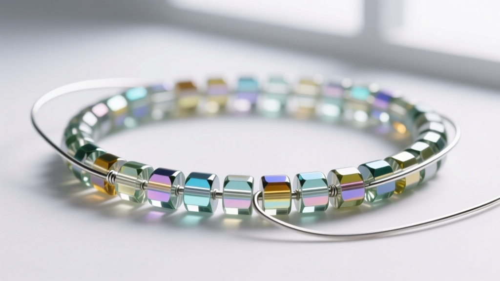 Macro shot of cylindrical Miyuki seed beads threaded on silver wire, highlighting uniform shape and vibrant glass colors
