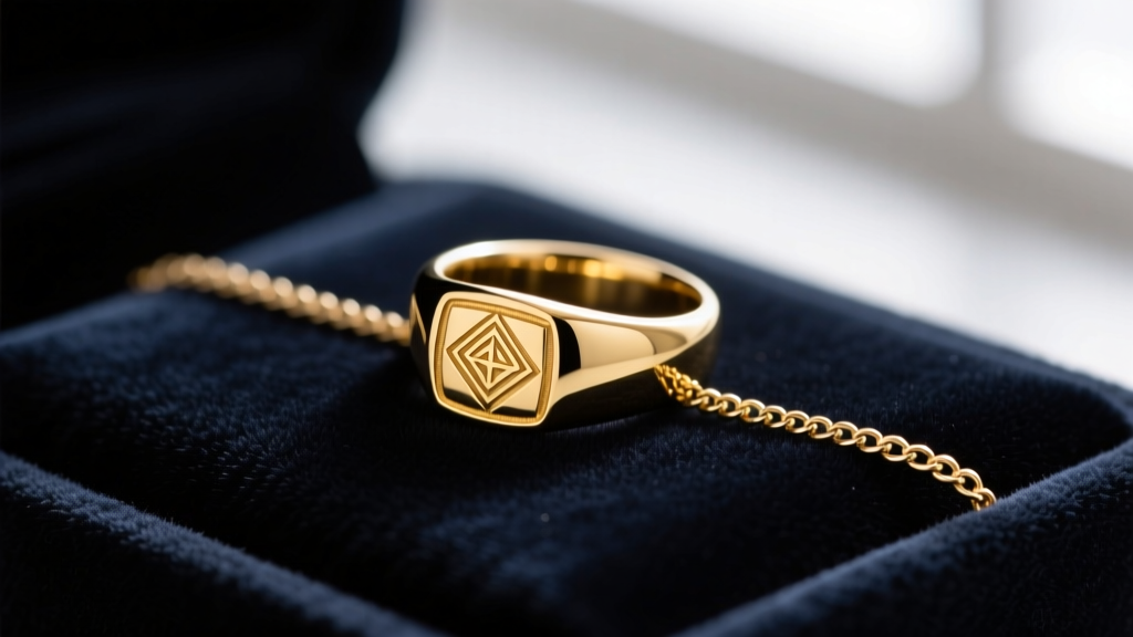 Close-up of a vintage 14k yellow gold signet ring sliding onto a 1.2mm rolo chain, resting on a dark velvet jewelry display pad