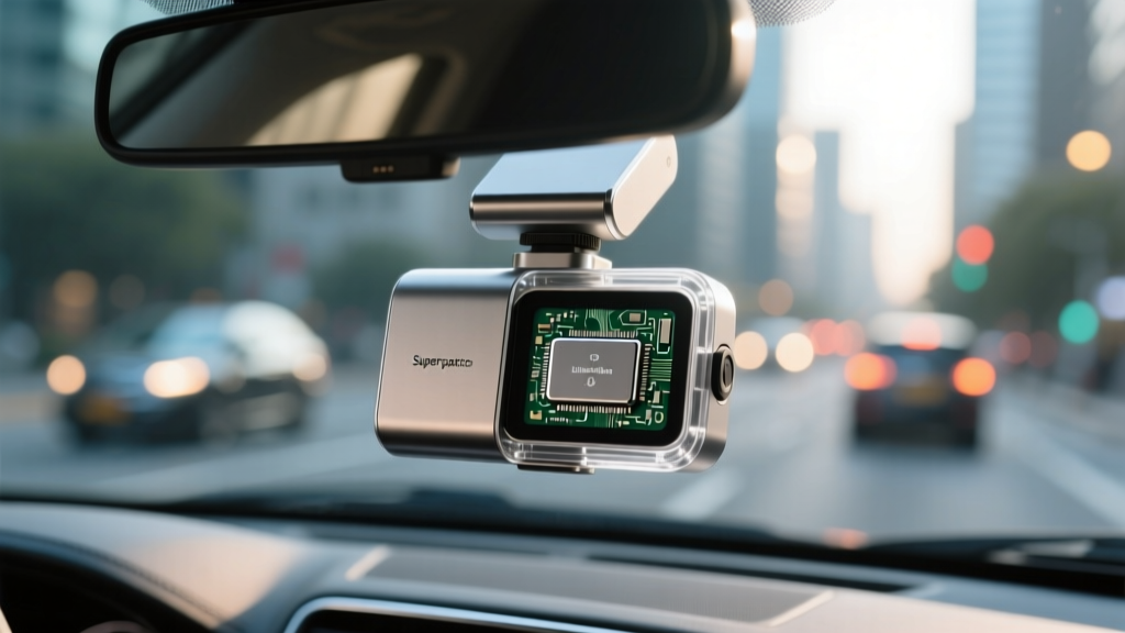 Close-up of a supercapacitor-based dash cam mounted on a windshield, highlighting its lack of a traditional lithium-ion battery.