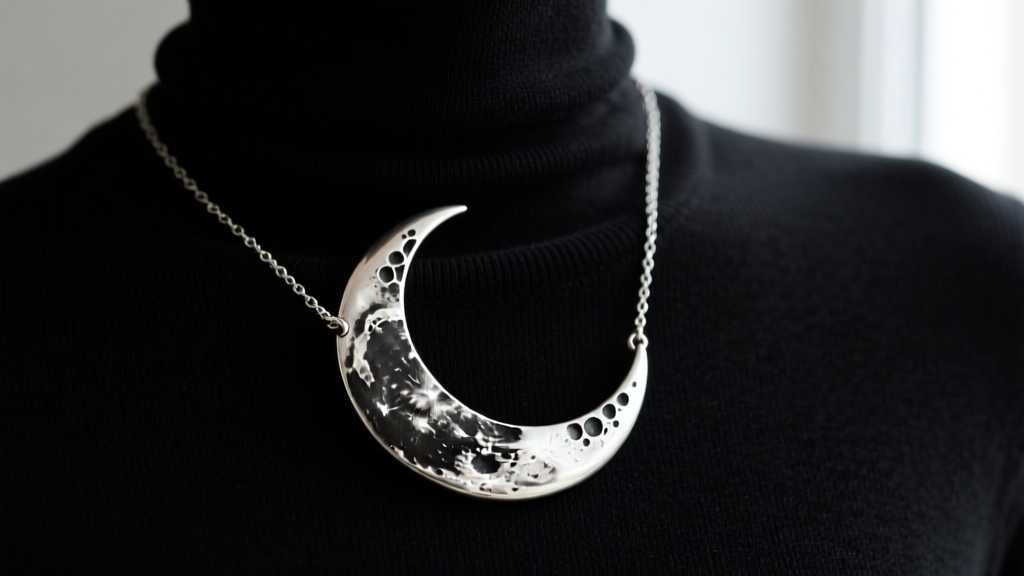 Profile of an oxidized silver crescent moon necklace on a black turtleneck, showing dark patina in the lunar crater textures.