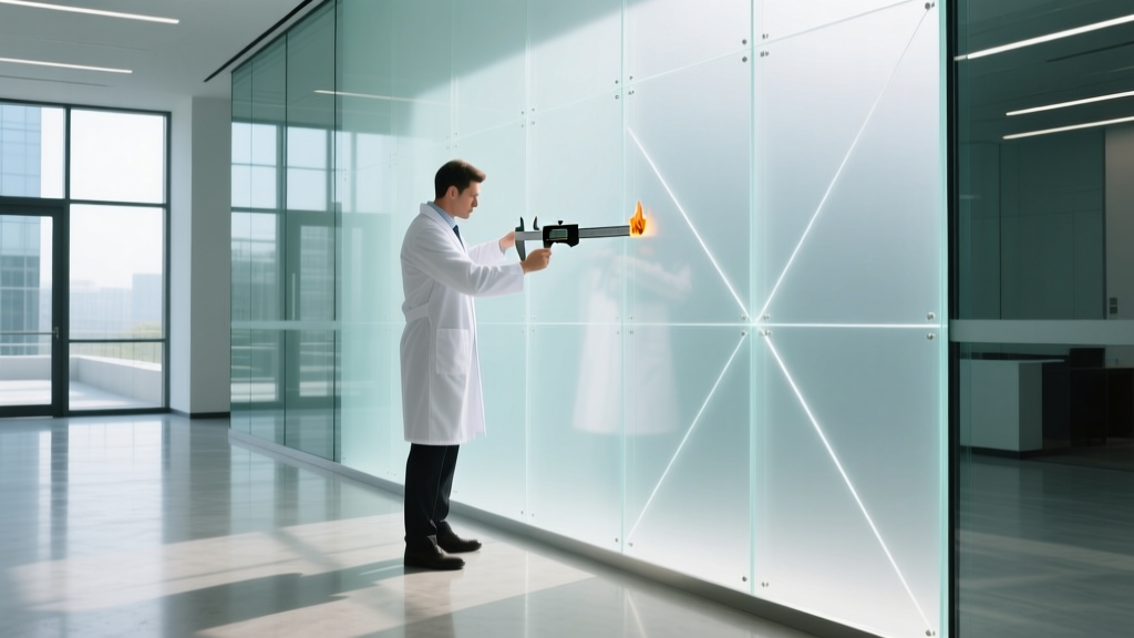 Inspector measuring the thickness of a translucent fire-rated polycarbonate wall panel in a bright modern commercial lobby