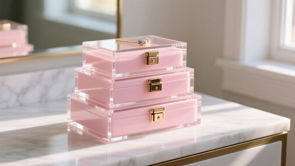 Blush pink acrylic snap-on jewelry box stacked in three tiers on a marble vanity, with rose gold latches and soft morning light.