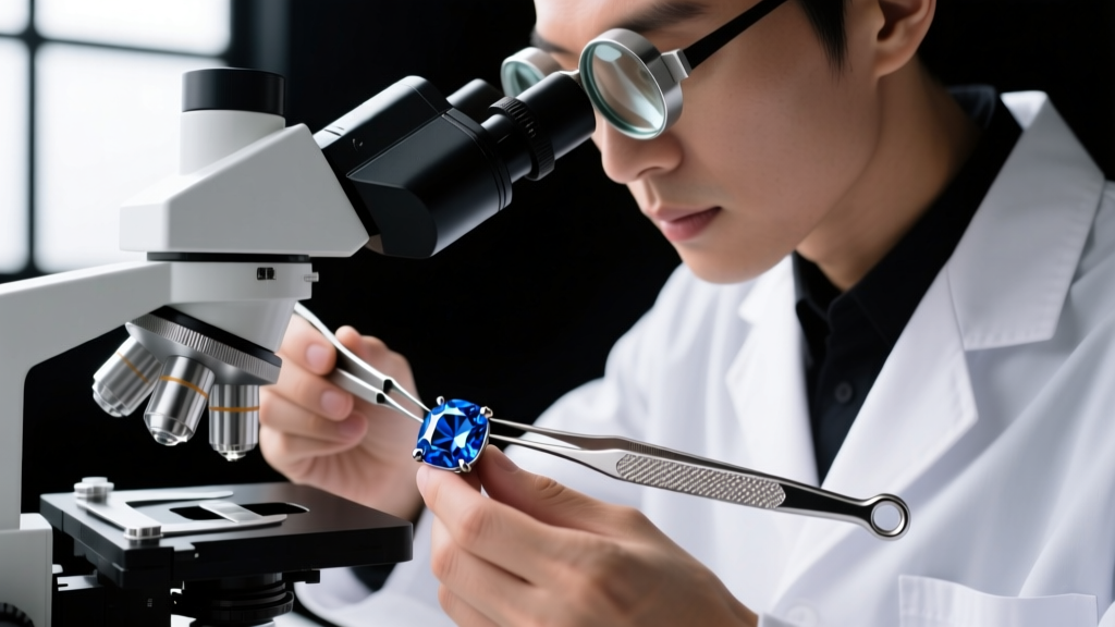 Jeweler using a microscope to set a large blue sapphire into a platinum bezel with precision steel prong pushers and a loupe.