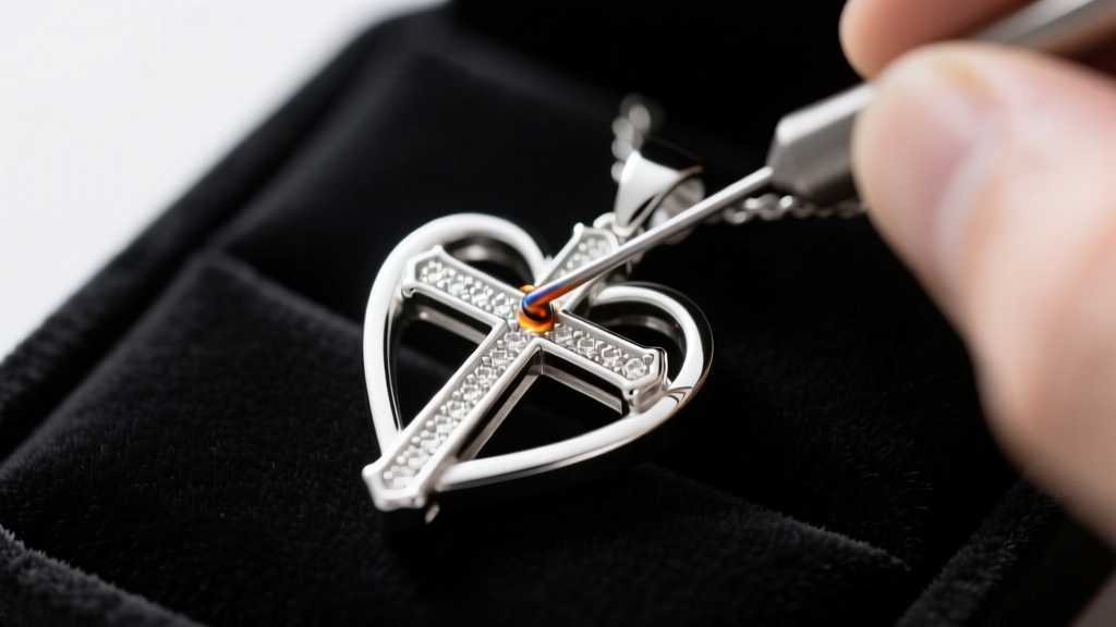 Jeweler inspecting the solder joint where a cross meets a heart on a sterling silver pendant under bright studio lighting.