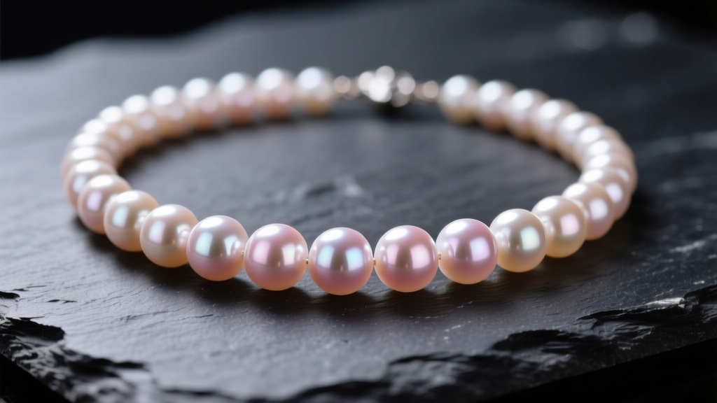 Close-up of a graduated Akoya pearl necklace resting on dark slate, highlighting sharp mirror-like luster and subtle rose overtones