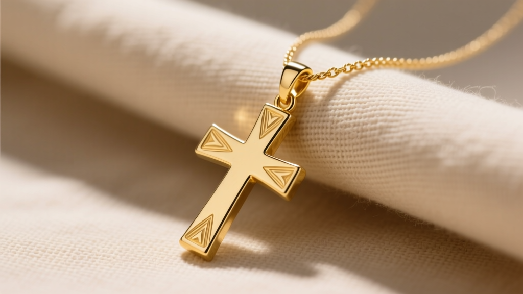 Minimalist 14k yellow gold sideways cross pendant on a 1.2mm cable chain resting against a soft beige linen fabric background