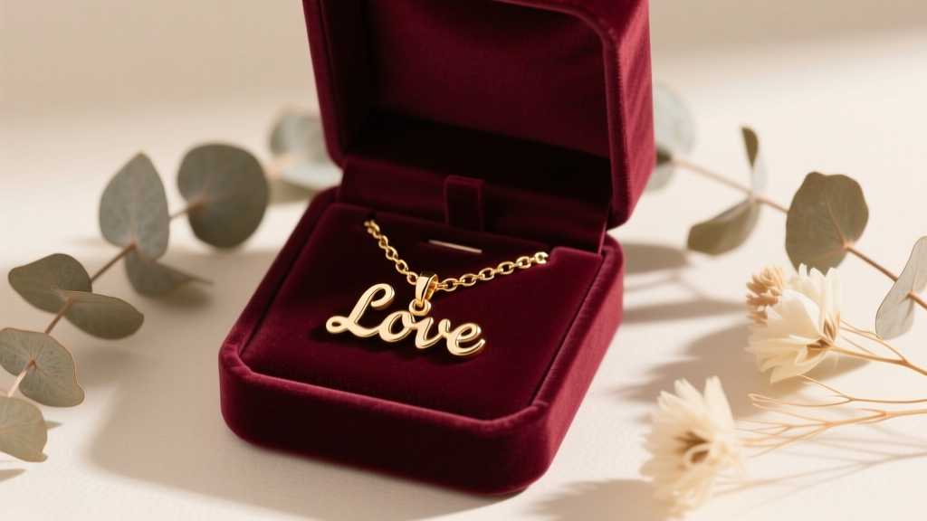 Open velvet gift box holding a rose gold vermeil bubble letter pendant on a rolo chain, surrounded by dried eucalyptus and tissue