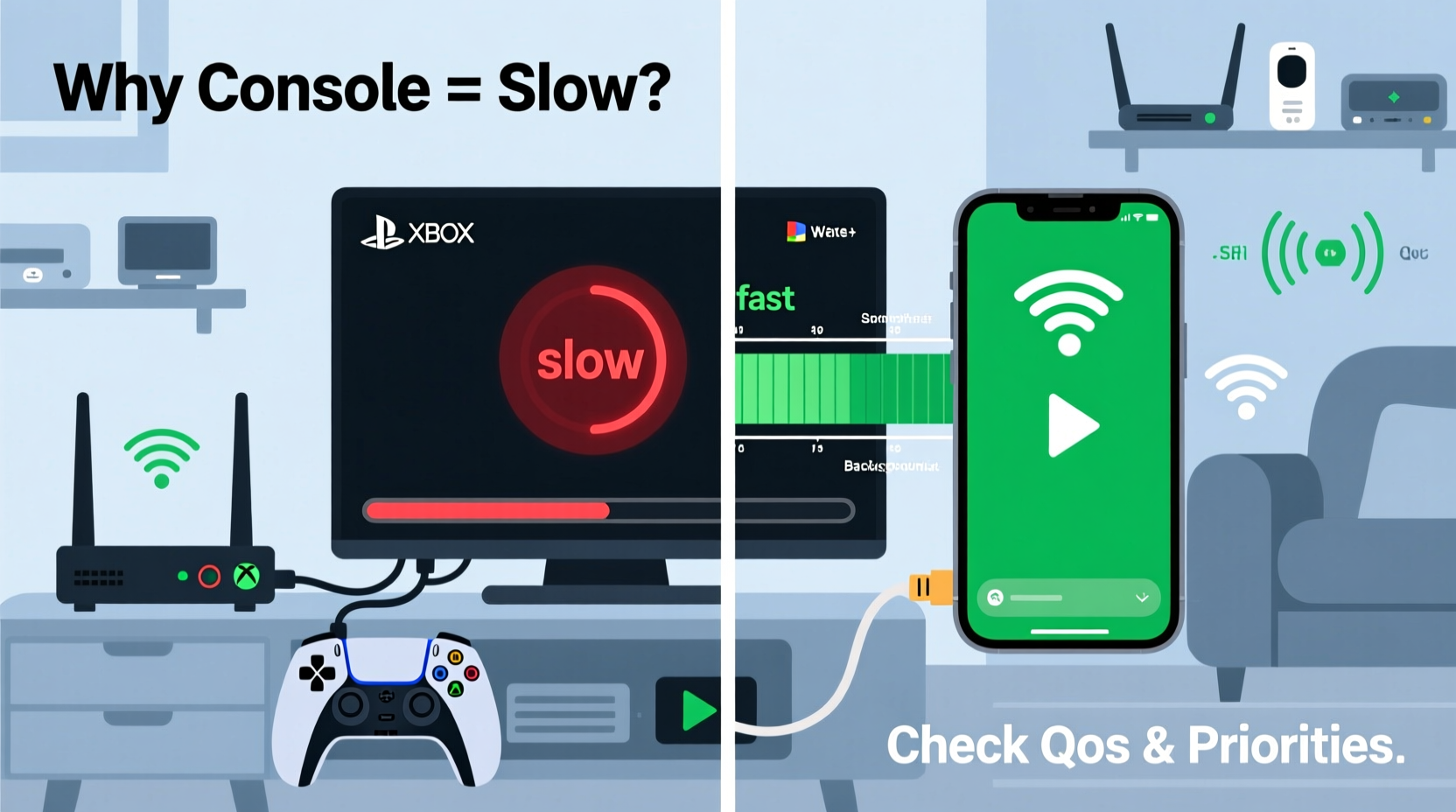 why is my internet slow on gaming console but fast on phone