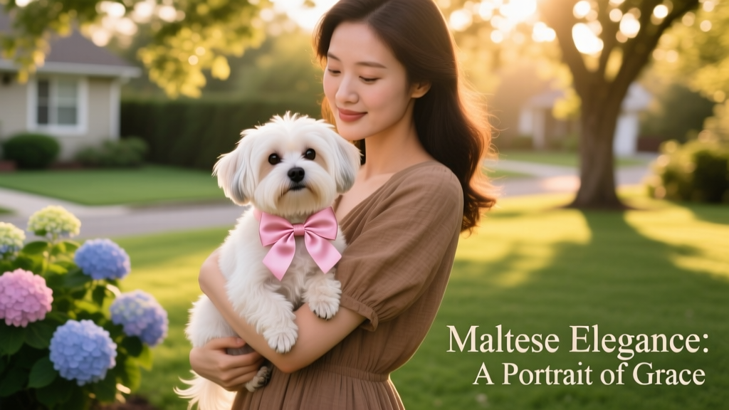 Maltese terrier with bow in hair being held by woman outdoors