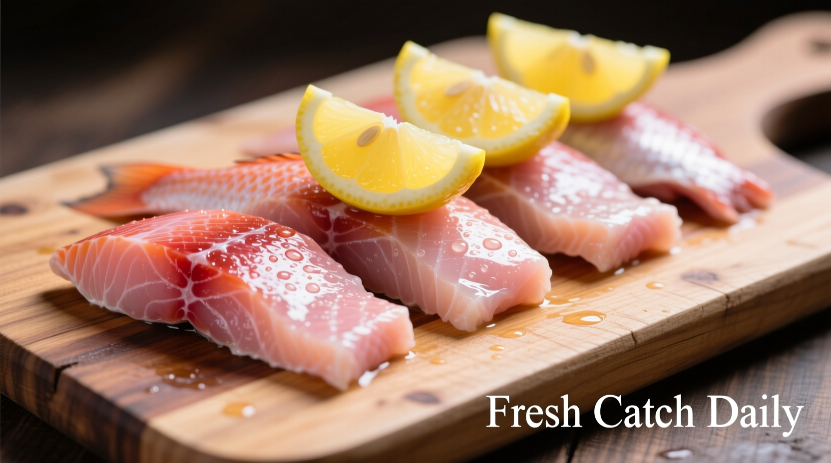 Fresh redfish fillets with lemon slices on wooden cutting board