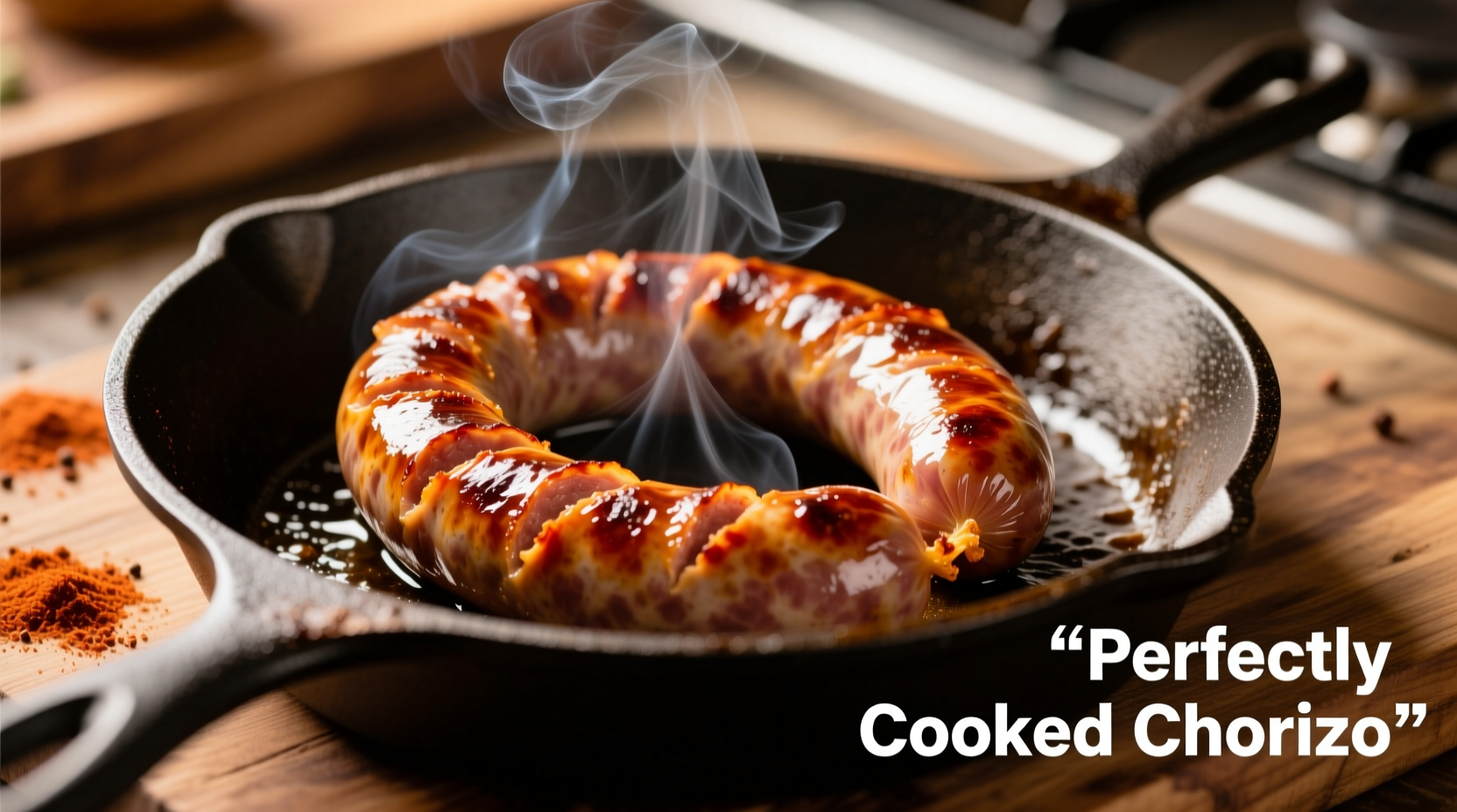 Perfectly cooked chorizo in skillet with golden edges
