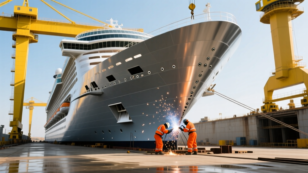 Oasis-class cruise ship steel hull in dry dock with yellow gantry cranes and welders in orange gear working on the bow