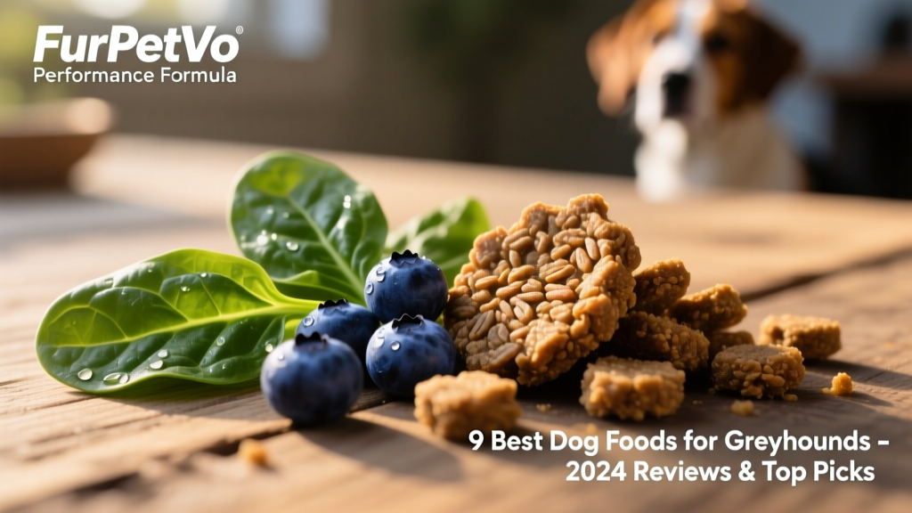 Close-up of kibble from FurPetVo’s Performance Formula alongside fresh blueberries and spinach—highlighting whole-food ingredients