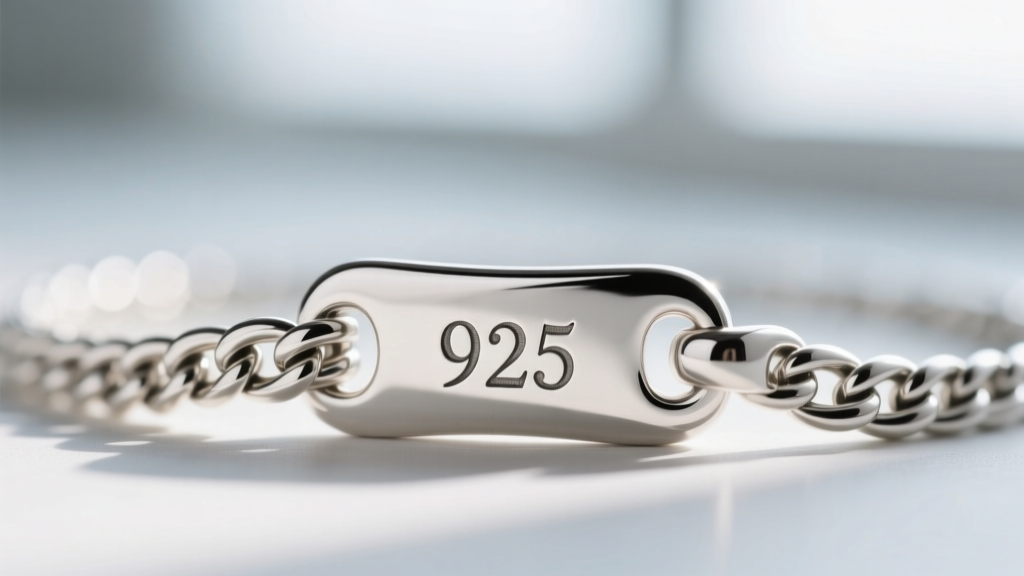 Extreme macro photography of a tiny 925 hallmark stamped on a silver figaro chain clasp, sharp focus with blurred background