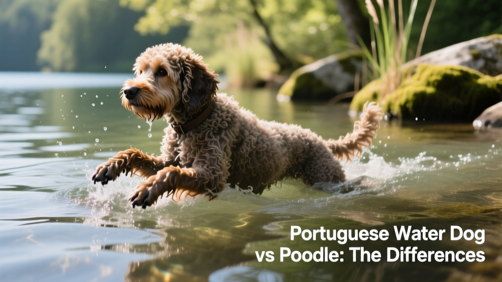 A Portuguese Water Dog swimming confidently in clear water, showcasing its webbed feet and dense, water-resistant coat
