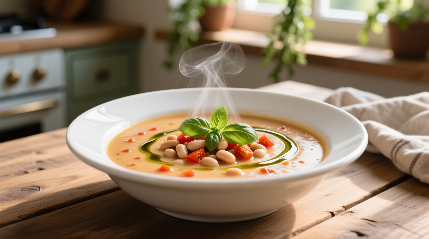 Creamy tomato cannellini bean soup in white bowl