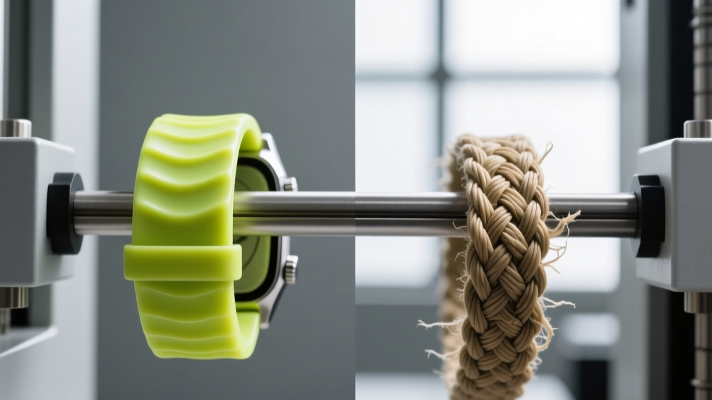 Side-by-side macro comparison of a fluoroelastomer watch band and a woven nylon loop being stretched on a calibrated tensile testing machine
