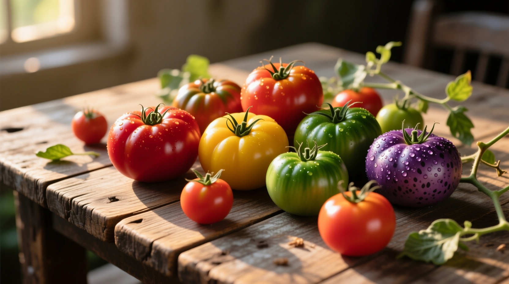 Colorful assortment of heritage tomatoes on wooden table