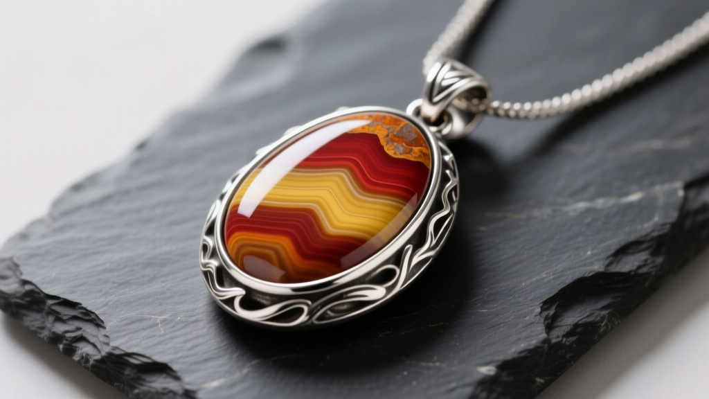 Polished mookaite cabochon pendant in oxidized silver on dark slate, showing vibrant red and mustard yellow earth-tone stone bands.