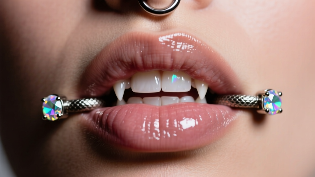 Close-up of lower lip snake bite piercings with flat-back titanium labret studs and opal gems, lit by soft studio lighting.