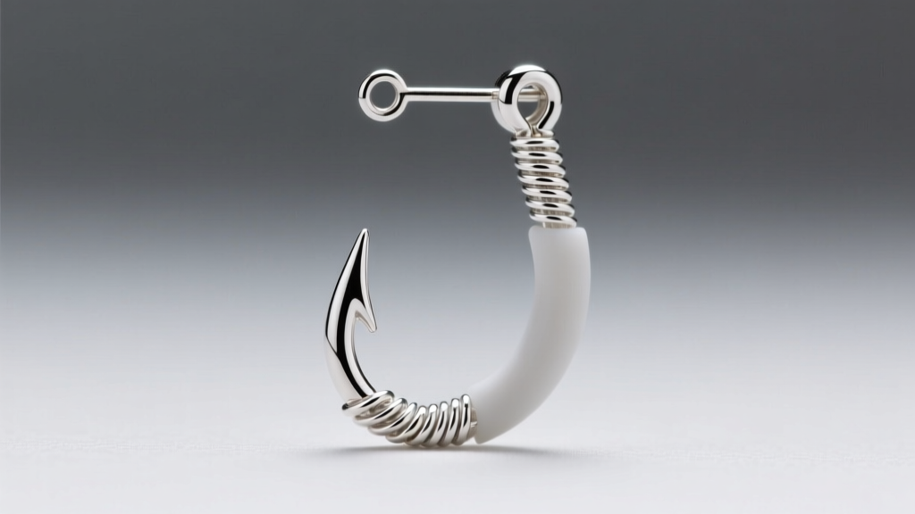 Macro shot of an 18-gauge sterling silver fishhook earring wire with a silicone backing against a blurred, neutral gray background