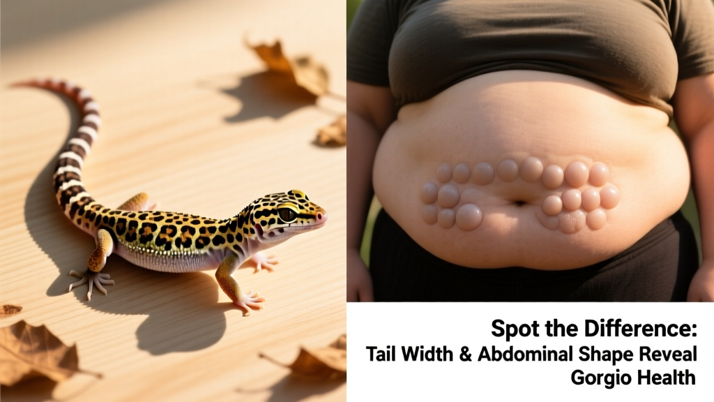 Side-by-side comparison showing a lean leopard gecko (left) and an overweight one (right), highlighting tail width and abdominal contour